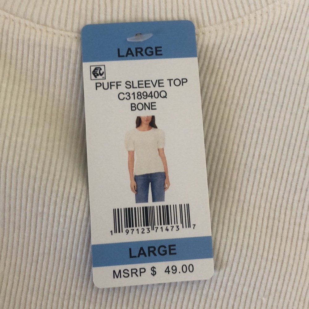 NWT Vince Camuto Puff Sleeve Top Bone Short Sleeve New Ribbed Size Large L New - Picture 8 of 8